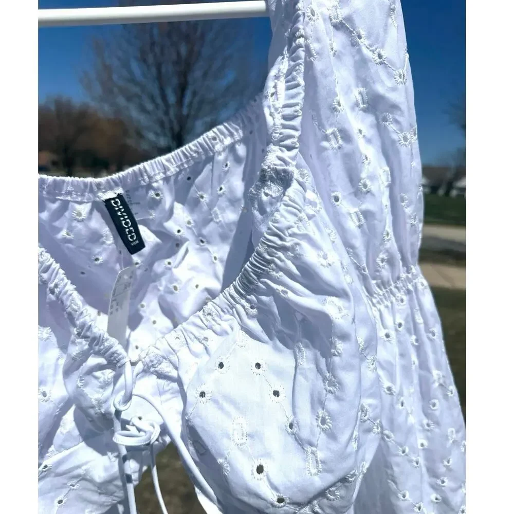 H&M Divided White Eyelet Tie Front Long Sleeve Balloon Top Size XL Blouse - Picture 9 of 10